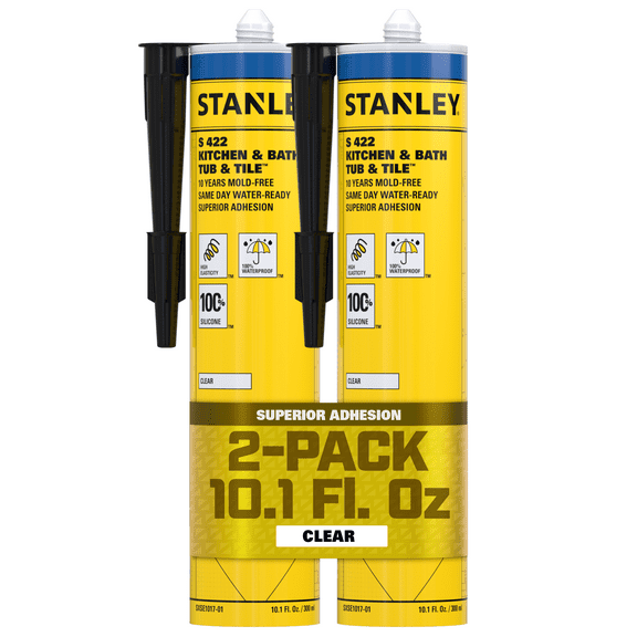 Stanley Kitchen & Bathroom 100% Silicone Sealant, 10.1 fl oz Clear (Acetoxy cure)- 2 Pack