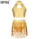 thumbnail image 2 of Traje de baile latino de Samba para niños y niñas, traje de baile con lentejuelas, Top con cuello Halter calado, pantalones cortos con flecos y lentejuelas, 2 of 5