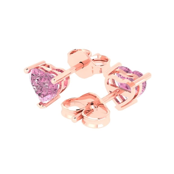 1.5 Ct Heart Cut Studs Pink Crystal 18K Rose Solid Gold Everyday Dainty Earrings Push Back
