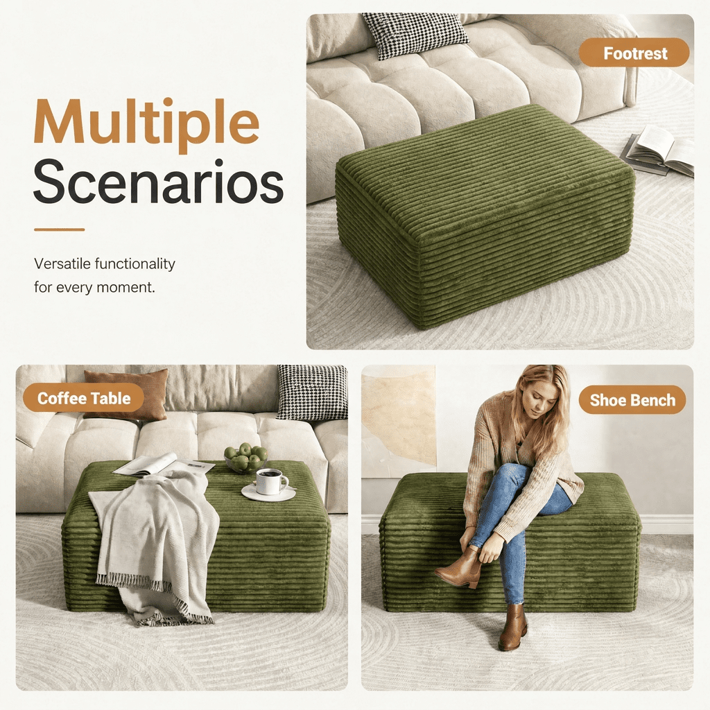 Large Oversized Corduroy Ottoman Footrest for Sofa Large Rectangle Floor Bench Extra Seating Coffee Table for Living Room, No Assembly (Sage Green)