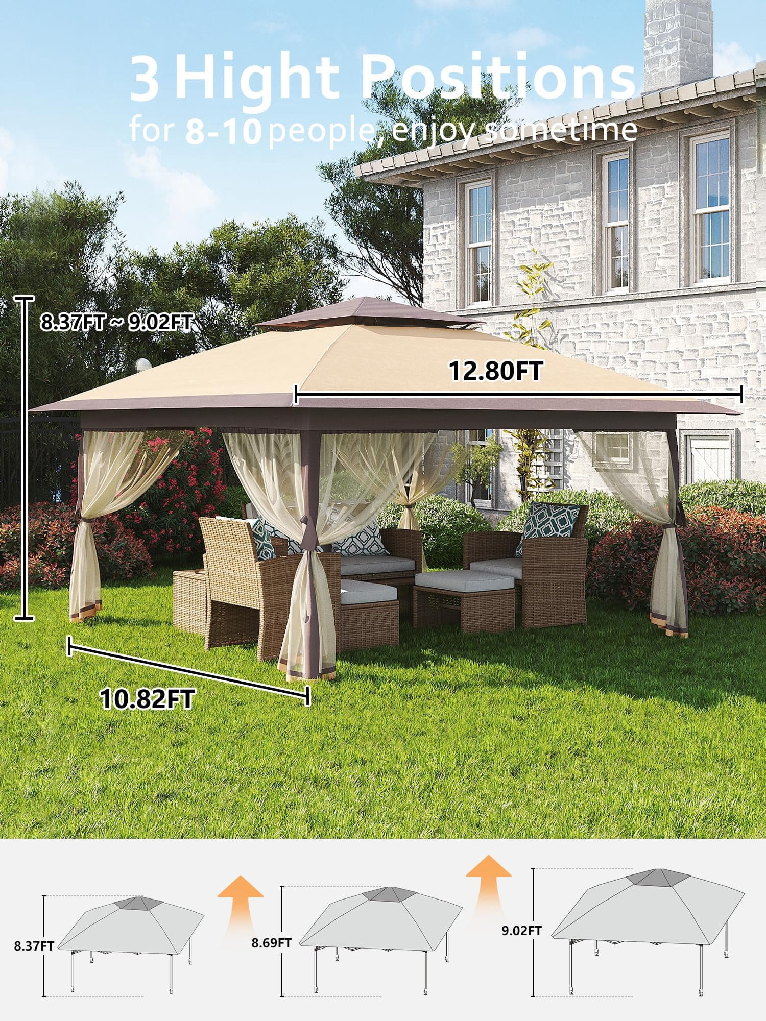 Luku 13x13FT Pop Up Gazebo, Canopy Tent with Mosquito Netting - Outdoor Gazebo for Backyard & Patio Furniture - Pop Up Tent with Wheeled STO-N-Go Cover Bag