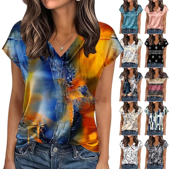 Otvok Women's Printed Short Sleeved Blouses V-Neck T-Shirt Pullover Casual Fashionable Top