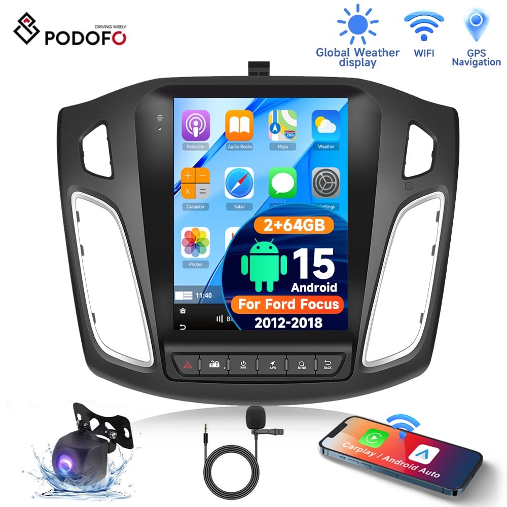 Podofo 2G+64G Car Radio Stereo for Ford Focus 2012-2018 with Wireless CarPlay/Android Auto, 9.7 inch Android 13 Touch Screen Head Unit, HiFi Audio GPS Navigation WiFi Bluetooth SWC HD Backup Camera