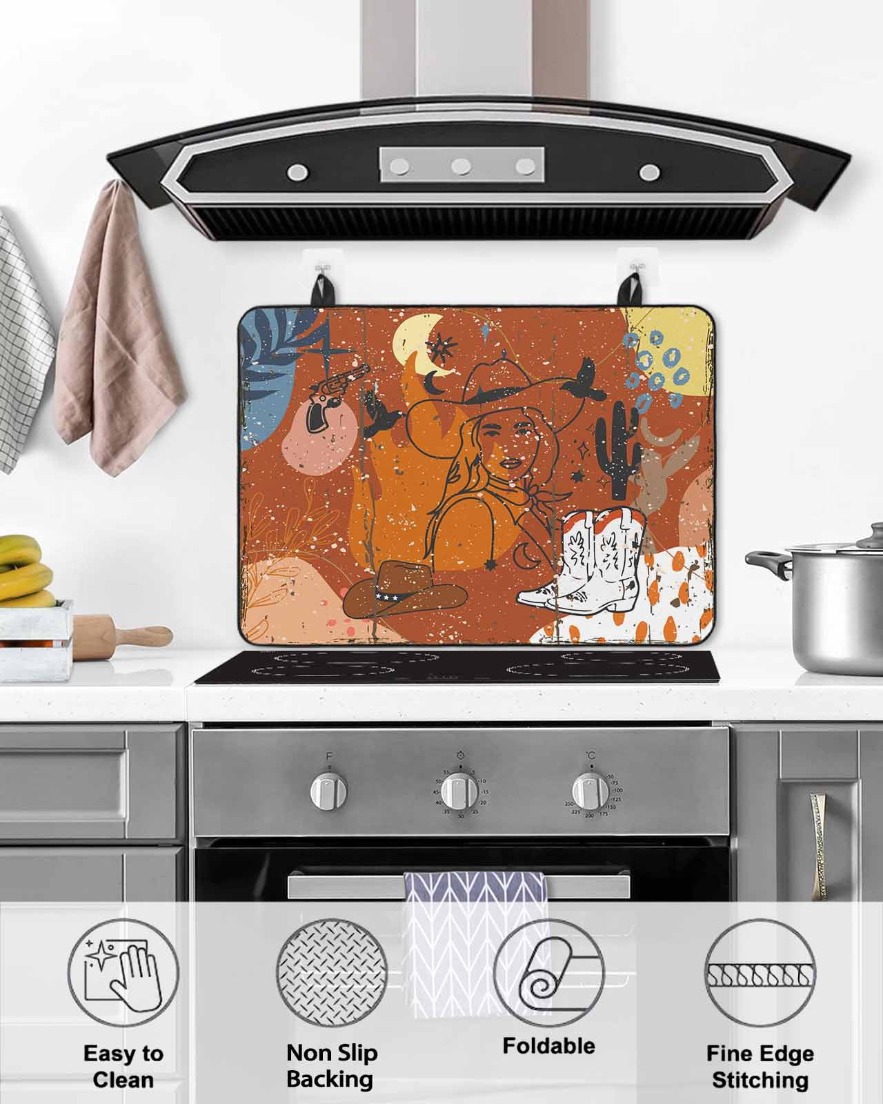Large Induction Cooktop Protector Mat Western Cowboys Stove Top Covers for Electric Stove, Vintage Boho Abstract Cactus Orange Decorative Stove Burner Cover Mats, Glass Top Stove Cover