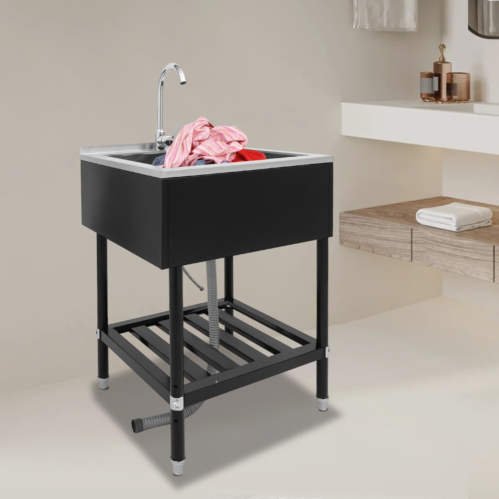 Freestanding Stainless Steel Utility Sink with Faucet & Storage Shelf, 25 x 22 x 34 Inch Single Basin Laundry Sink for Kitchen, Garage, Basement, 220LB Capacity