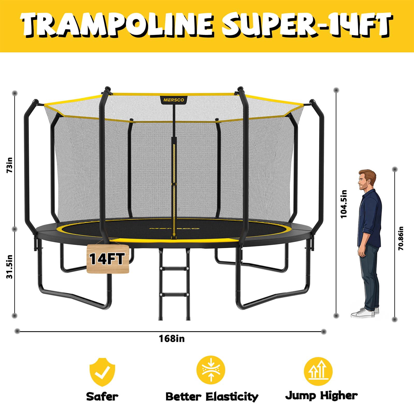 Mersco 14ft Outdoor Trampoline with Enclosure Net and Ladder,Jumping Trampoline for Kids and Adults, Kids Trampoline for Backyard Birthday Gift, Black