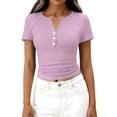 thumbnail image 5 of Qwertyu Womens Tops 2026 Spring Summer Top Henley V Neck Short Sleeve Button Slim Fit Casual Ribbed Knit Shirts Blouses Clothes Purple Pink 3XL, 5 of 7