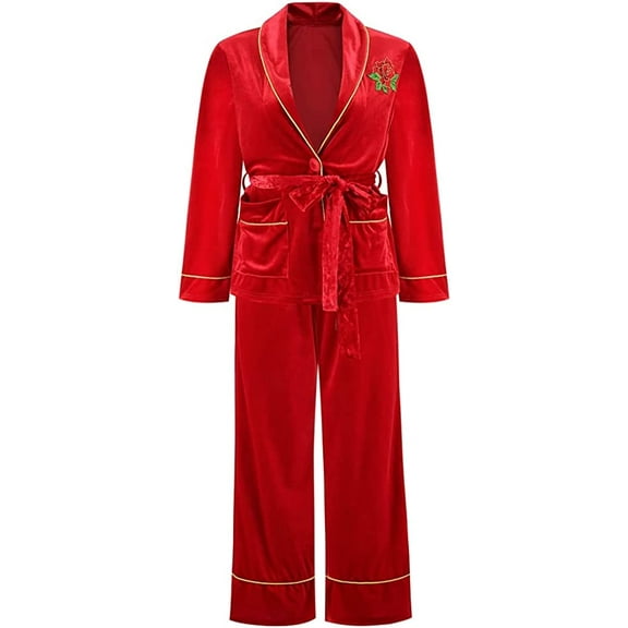 CoCopeaunts Womens Pajama Velvet Rose Embroidery Sleepwear Loose Loungewear with Gilt Edged Pocket Long Sleeve Wide Leg Pajamas Set