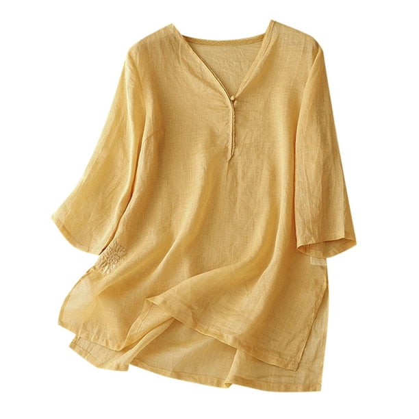 Top de lino bordado con cuello en V para mujer, primavera-verano: color liso, tejido suave, diseño en relieve, estilo étnico informal.