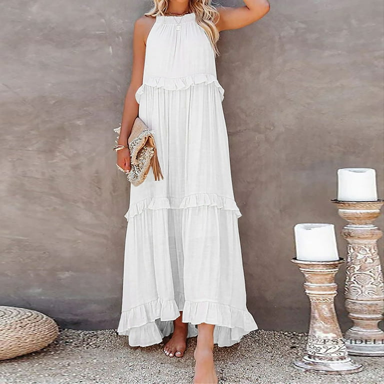 White Plus Size Dresses Summer Boho Long Solid Color Loose Sleeveless Halter Neck Ruffle Maxi Beach Dress Cocktail Dresses for Women Size S Walmart