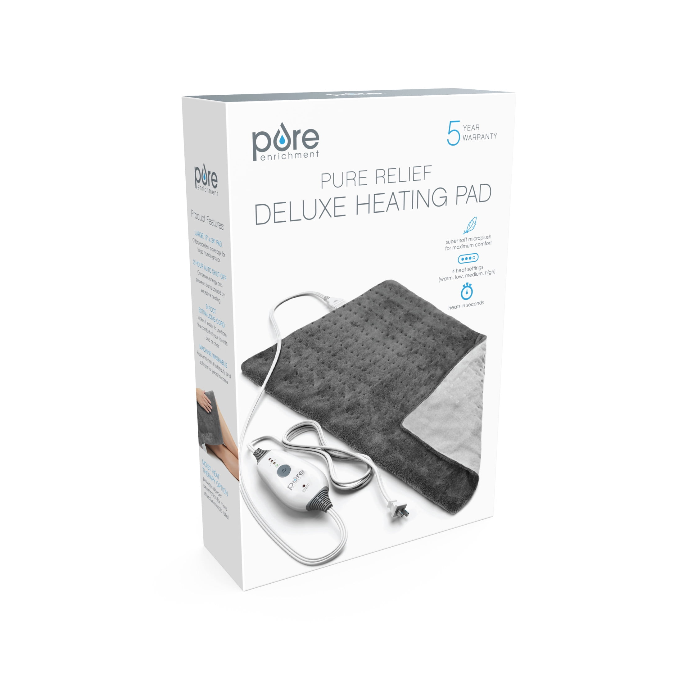 Pure Enrichment PureRelief Deluxe Heating Pad (12" x 24"), Full Body Therapy Pad with 4 InstaHeat Settings, Soft Machine-Washable Microplush Fabric and 2-Hour Auto Safety Shut-Off (Gray)