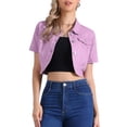 thumbnail image 1 of Chaqueta de mezclilla recortada de manga corta con cuello vuelto para mujer INSPIRE CHIC, color púrpura, talla M, 1 of 6