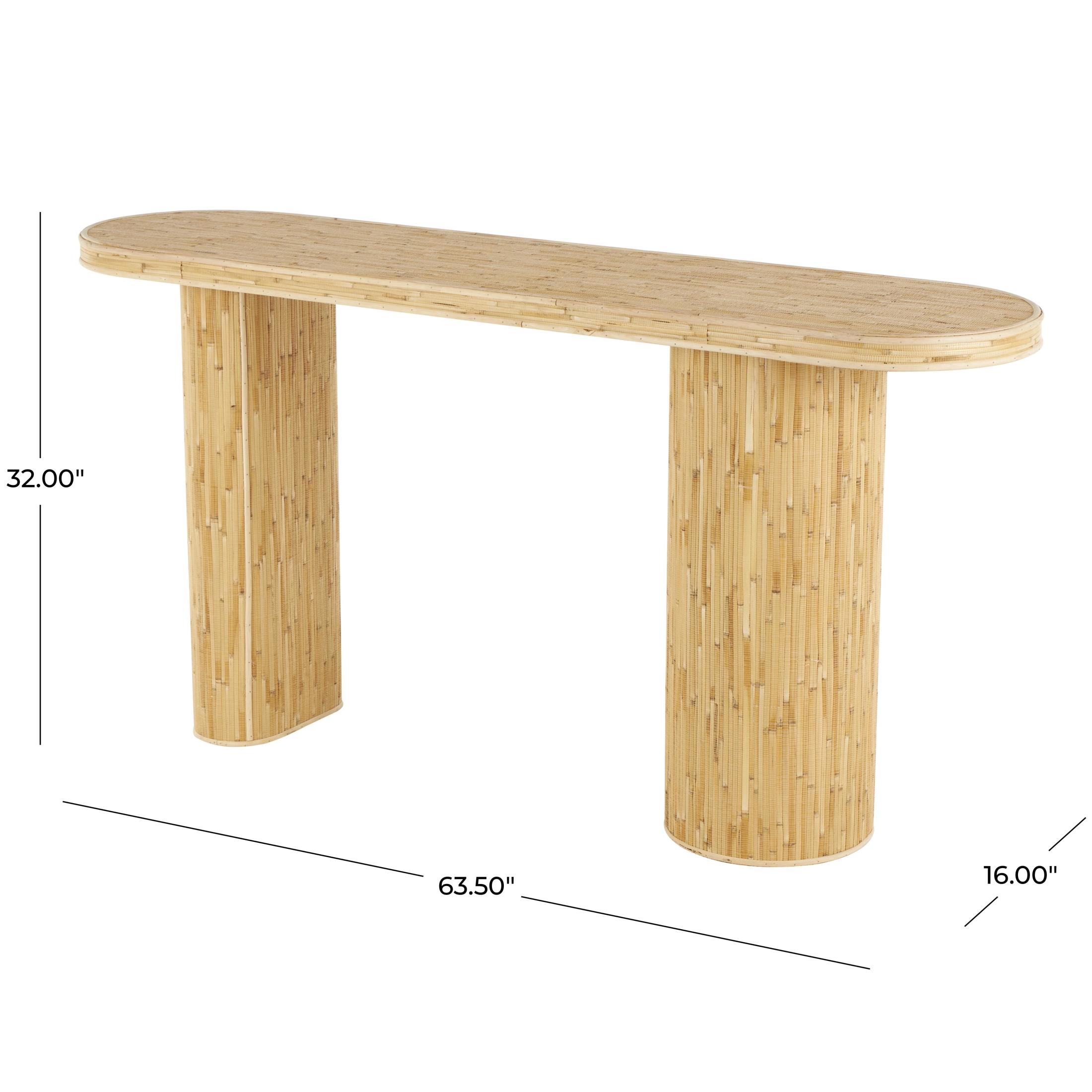 DecMode 64" x 32" Brown Rattan Handmade Textured Oval Console Table with Linear Wood Strip Design, 1-Piece