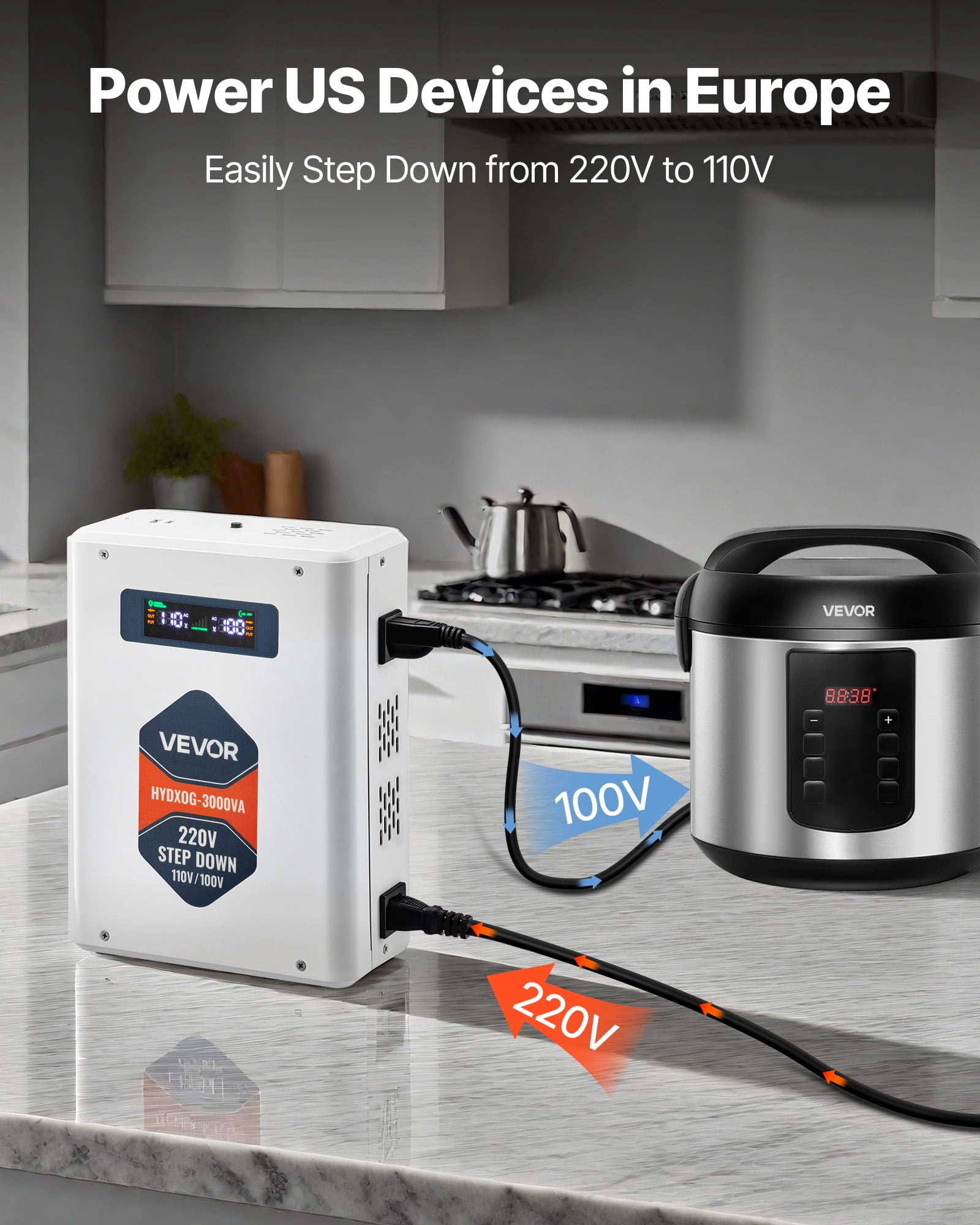 VEVOR Step Down Voltage Converter, 3000W, Heavy Duty Voltage Power Converter, 220V to 110V Power Transformer, with 2 US Outlets, USB Output, LCD Display, Temperature Protection, for 110V Appliances