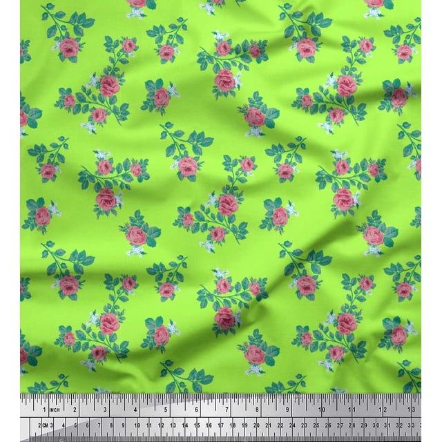 Soimoi Tissu Popeline de Coton Imprimé Feuilles & Roses au Mètre 56 Pouces de Large