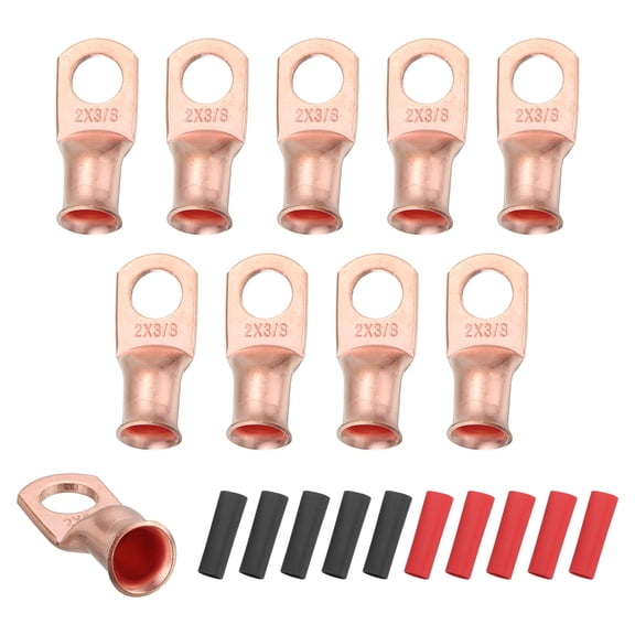10 Pcs 3/8" Stud 2AWG Battery Cable End with 10pcs 2:1 Heat Shrink, Gold