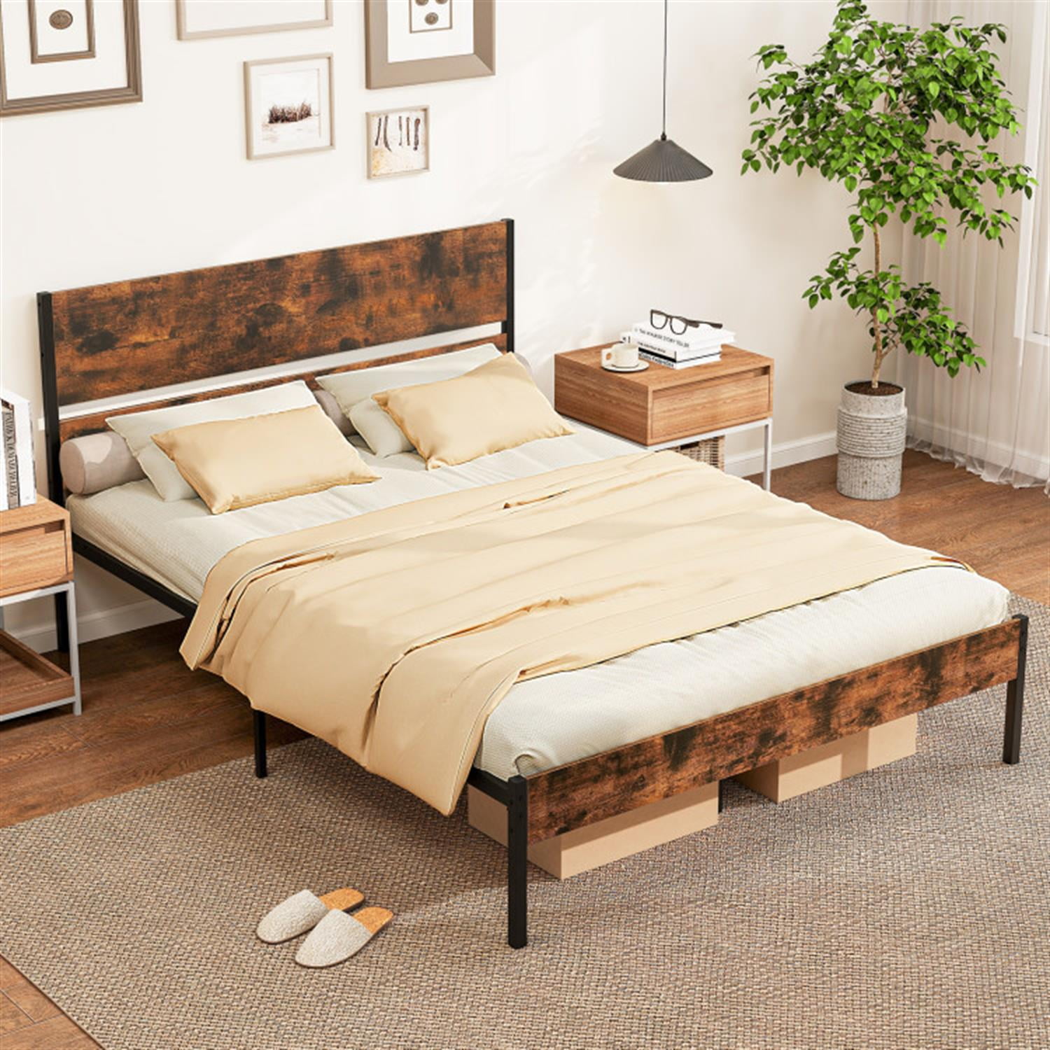 Demi Bonn Queen Size Bed Frame with Wooden Headboard and Footboard, Modern Metal Platform Bed Frame with Under Bed Storage, No Box Spring Needed, Brown