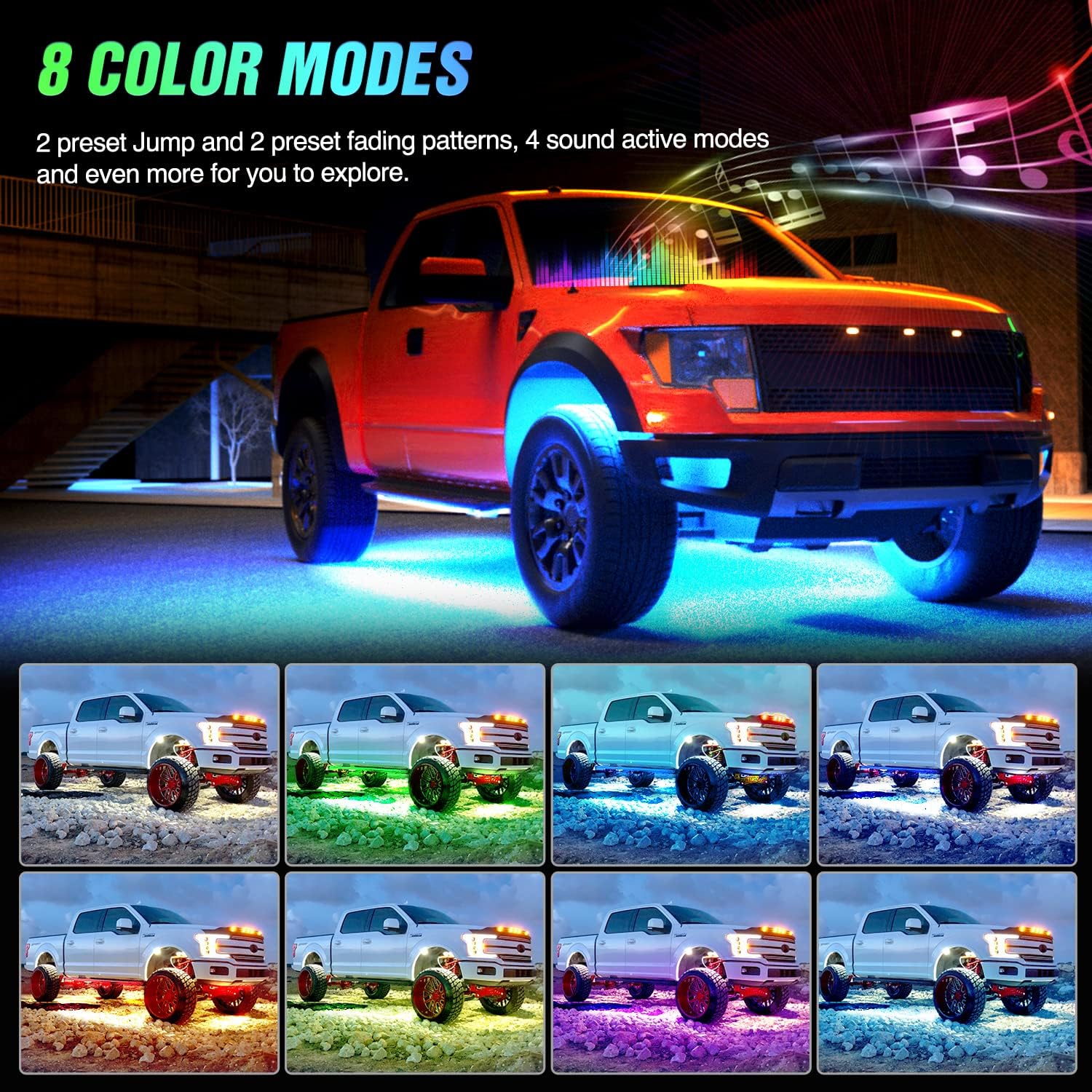 4PCS Car Underglow Neon Accent Strip Lights LED RGB 8 Color Sound Active Function Music Mode with Wireless Remote Control Underbody Light Strips for Cars Van SUV Truck
