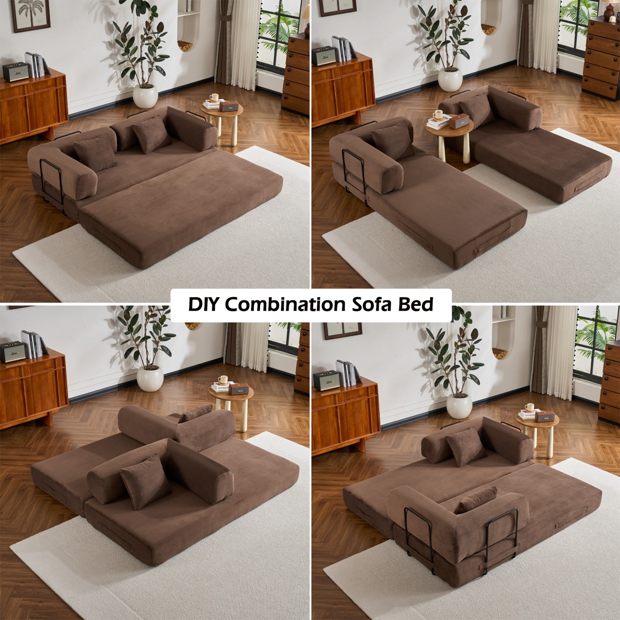 BSHTI 77" Corduroy Convertible Sleeper Sofa Bed with Cylindrical Pillow, No Assembly, Small Space for Living Room（Brown）