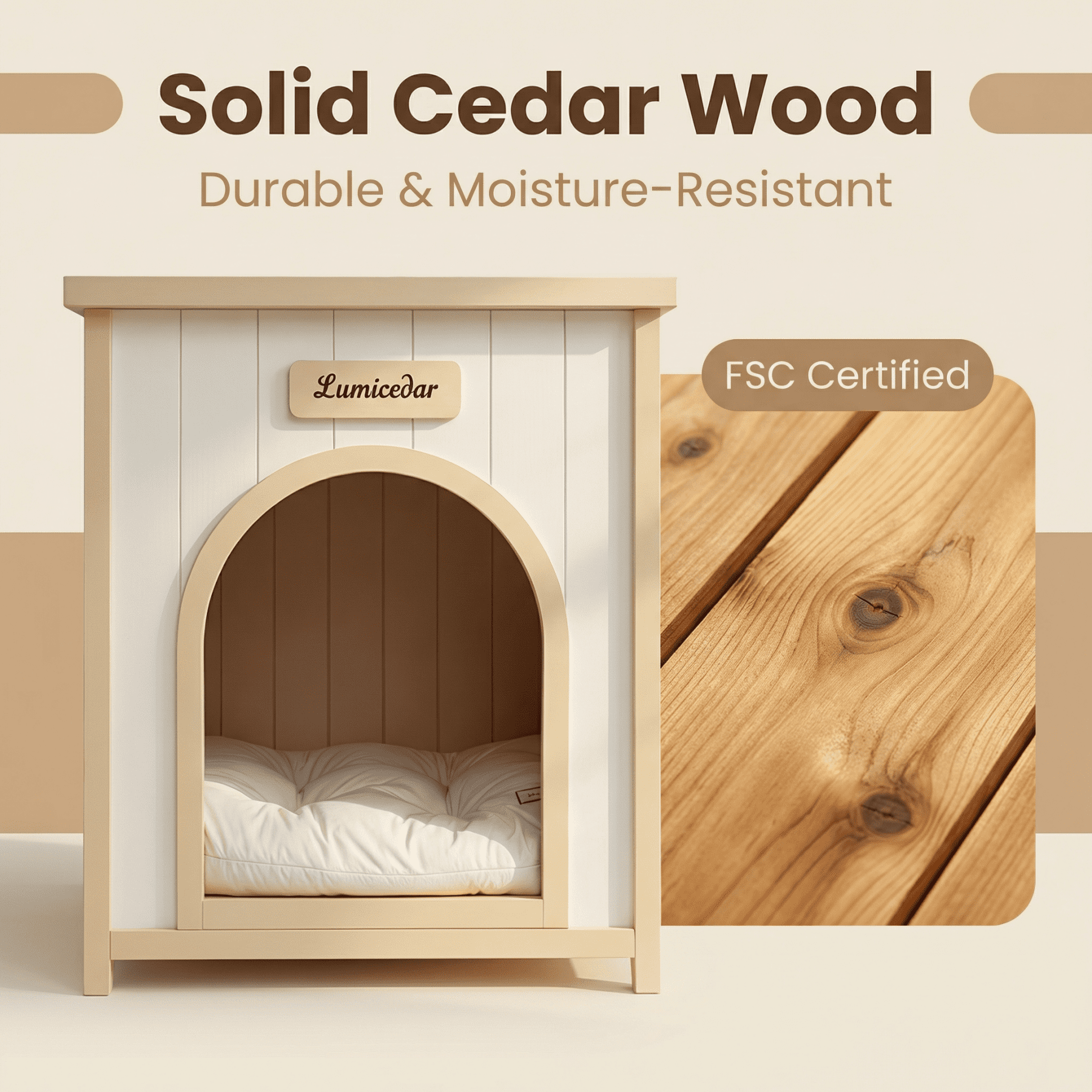20.9'' Solid Wood Pet House,Cream White&Light Yellow Indoor Pet Shelter with Removable Cushion for Small Dogs,Cream White+Light Yellow