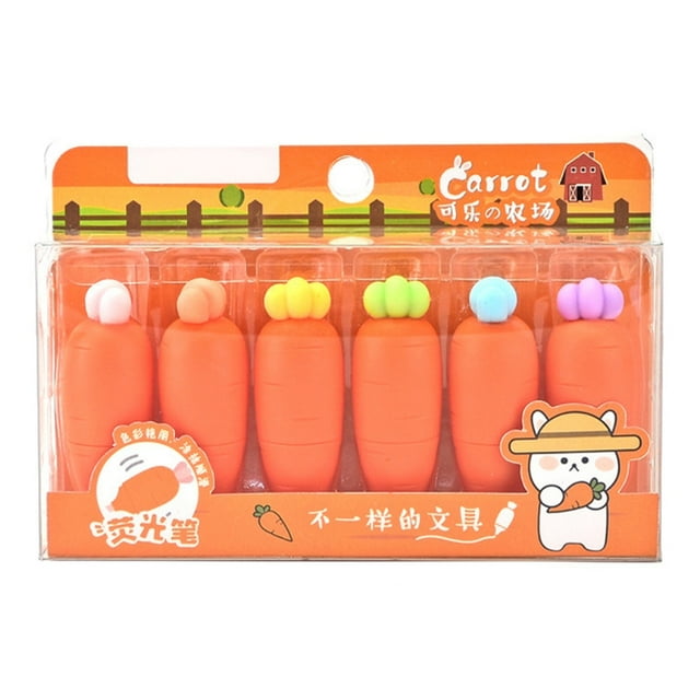 Techinal 6 Pcs Portable Cartoon Carrot Fluorescent Pen Cartoon Fruit Fluorescent Maker Pen 3mm Oblique Tip Paint Pens Kit for Kid