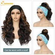 QUEENTAS Headband Wig for Women 24 Inch Glueless Ready to Wear – Long Wavy Loose Wave Pre-Plucked Natural Hairline Heat Resistant Synthetic Wig (Dark Brown with Honey Caramel Highlights)