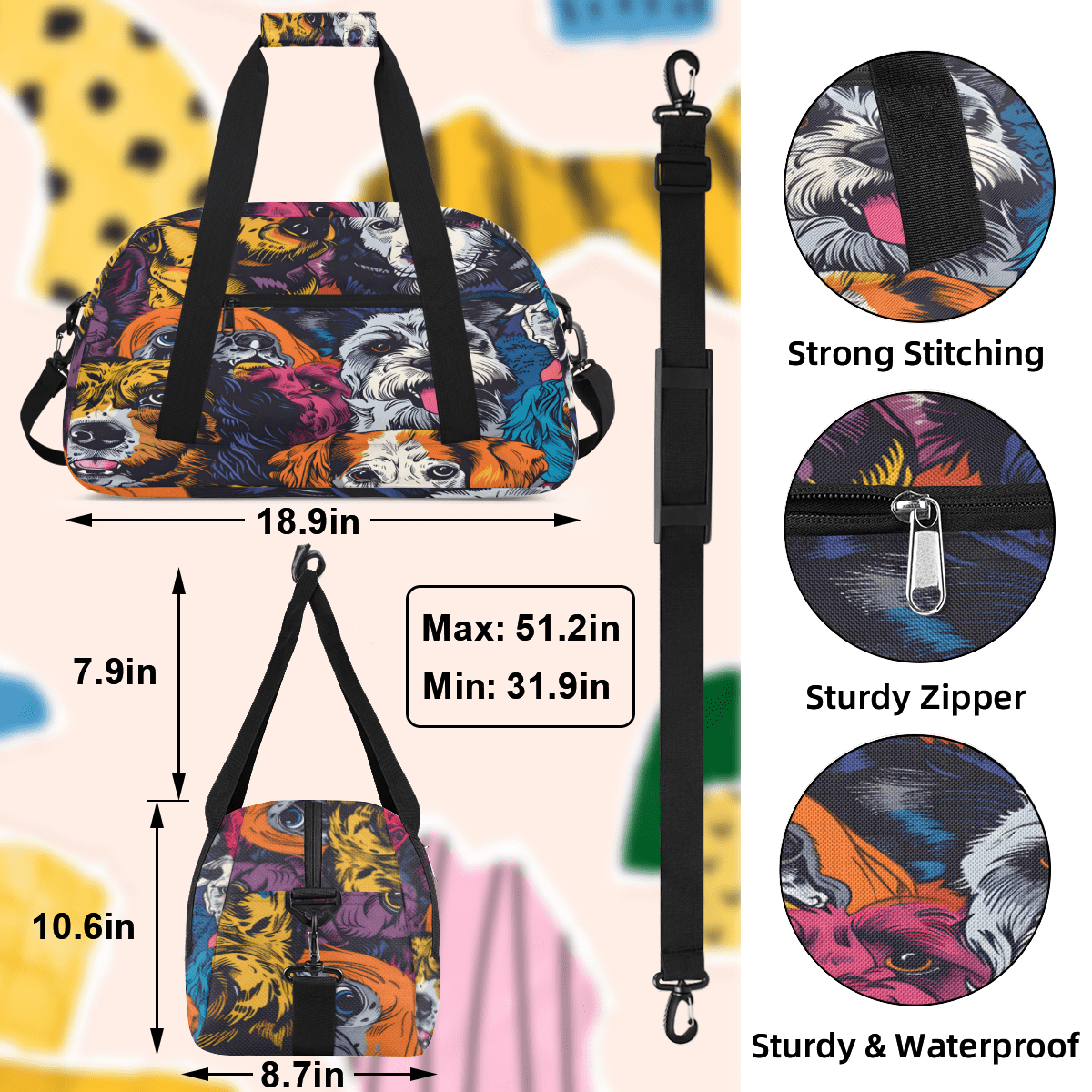 Herdesigns Sports Duffle Bags Travel Duffle Bag Gym Bag Dogs Colorful Weekender Travel Bag Waterproof Overnight Bag Carry On Travel Tote Bag Dance Bags