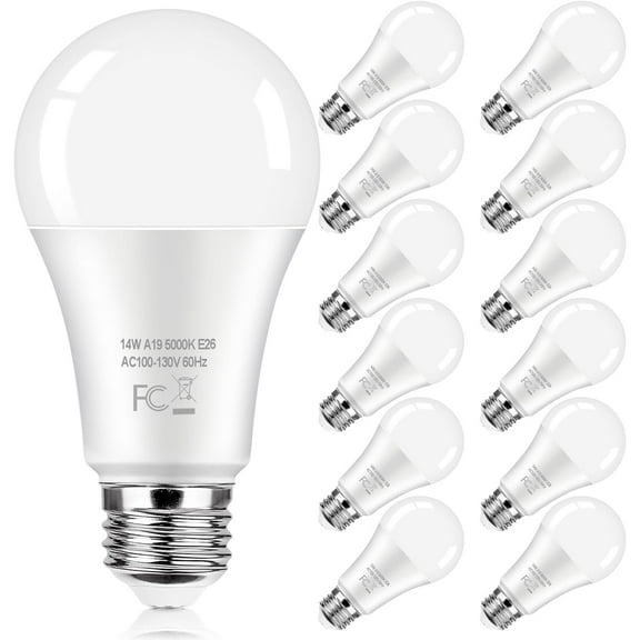 LED Light Bulbs 100 Watt Equivalent 1600 Lumens, A19 14W Super Bright Daylight White 5000K LED Bulbs, Standard E26 Medium Screw Light Bulbs Non-Dimmable, 25000 Hrs Lifespan, No-Flicker, 12-Pack