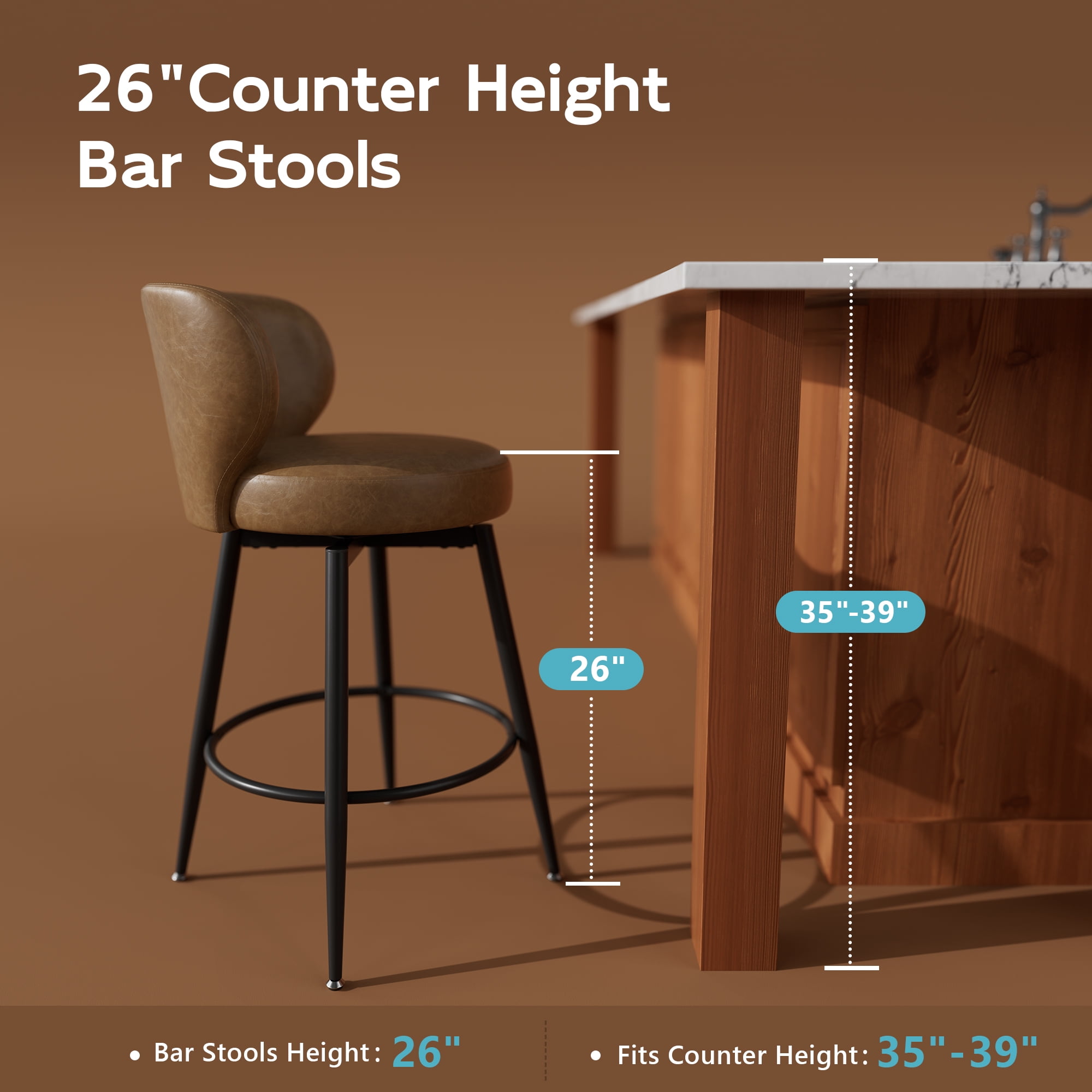 HomeZeer Bar Stools Set of 2, 26" Counter Height 360° Swivel with Low Back, PU Leather Upholstered Round Seat, 300lb Capacity Metal Legs for Kitchen Island, Dining& Bar, Brown