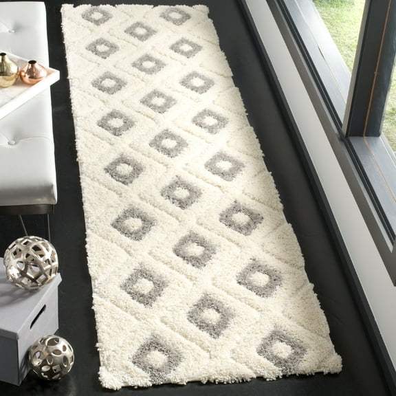 SAFAVIEH Olympia Caden Geometric Polyester Shag Runner Rug, Cream/Grey, 2'3" x 8'