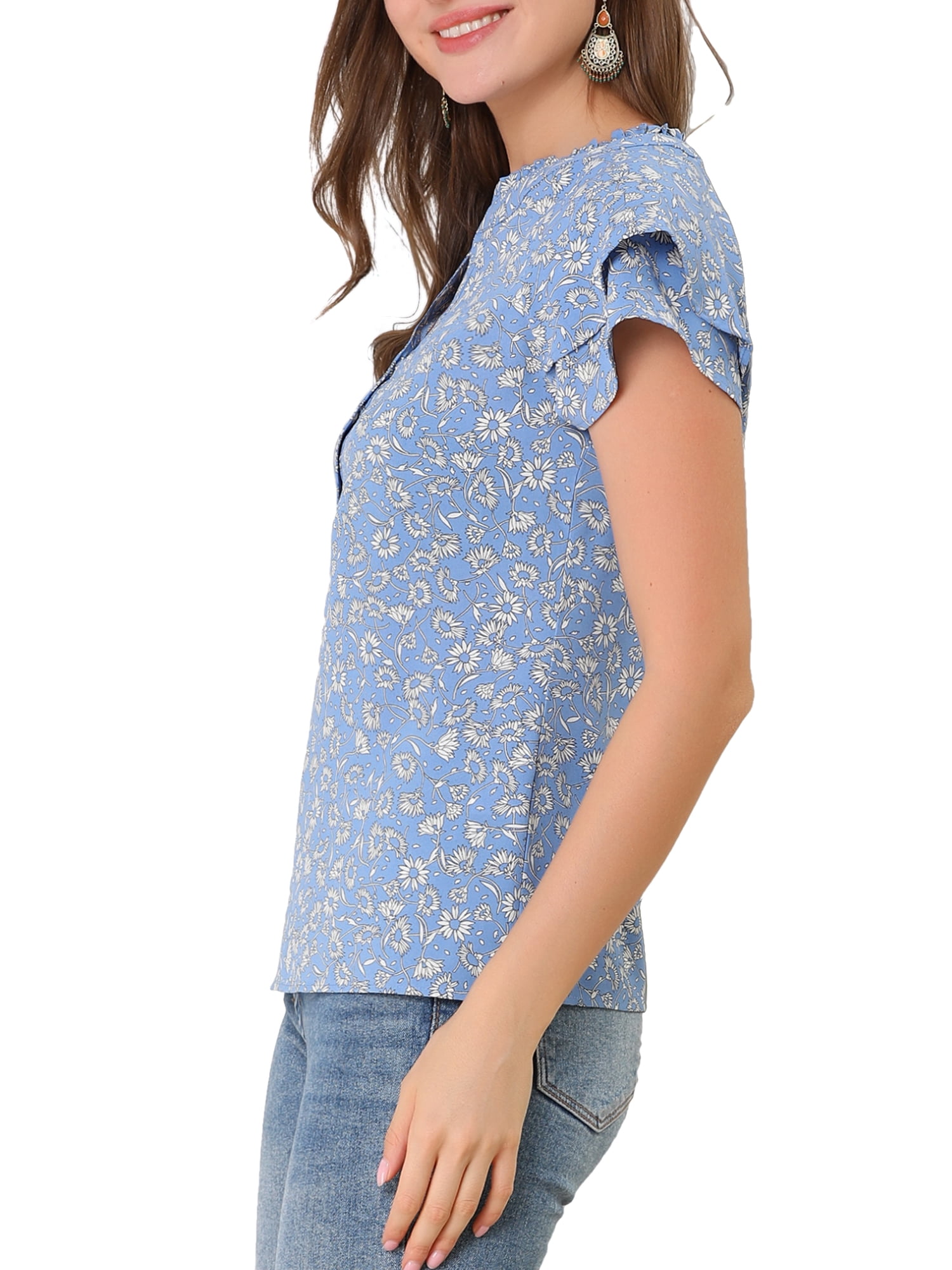 Unique Bargains Women's Floral Print Top Tiered Sleeve Button Down V Neck Blouse Blue M