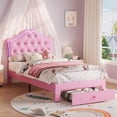 thumbnail image 1 of Ourlova Twin Velvet Upholstered Platform Bed with LED Lights- Crystal Button Headboard- Storage Drawer- Noise-Free- No Box Spring Needed- Princess Bed for Girls-Pink -Stylish and Functional, 1 of 8