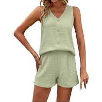 Admvng Two Piece Sets For Women Summer V-neck Casual Solid Color Loose Sleeveless Tank Button Decoration Shorts Suits S-2XL