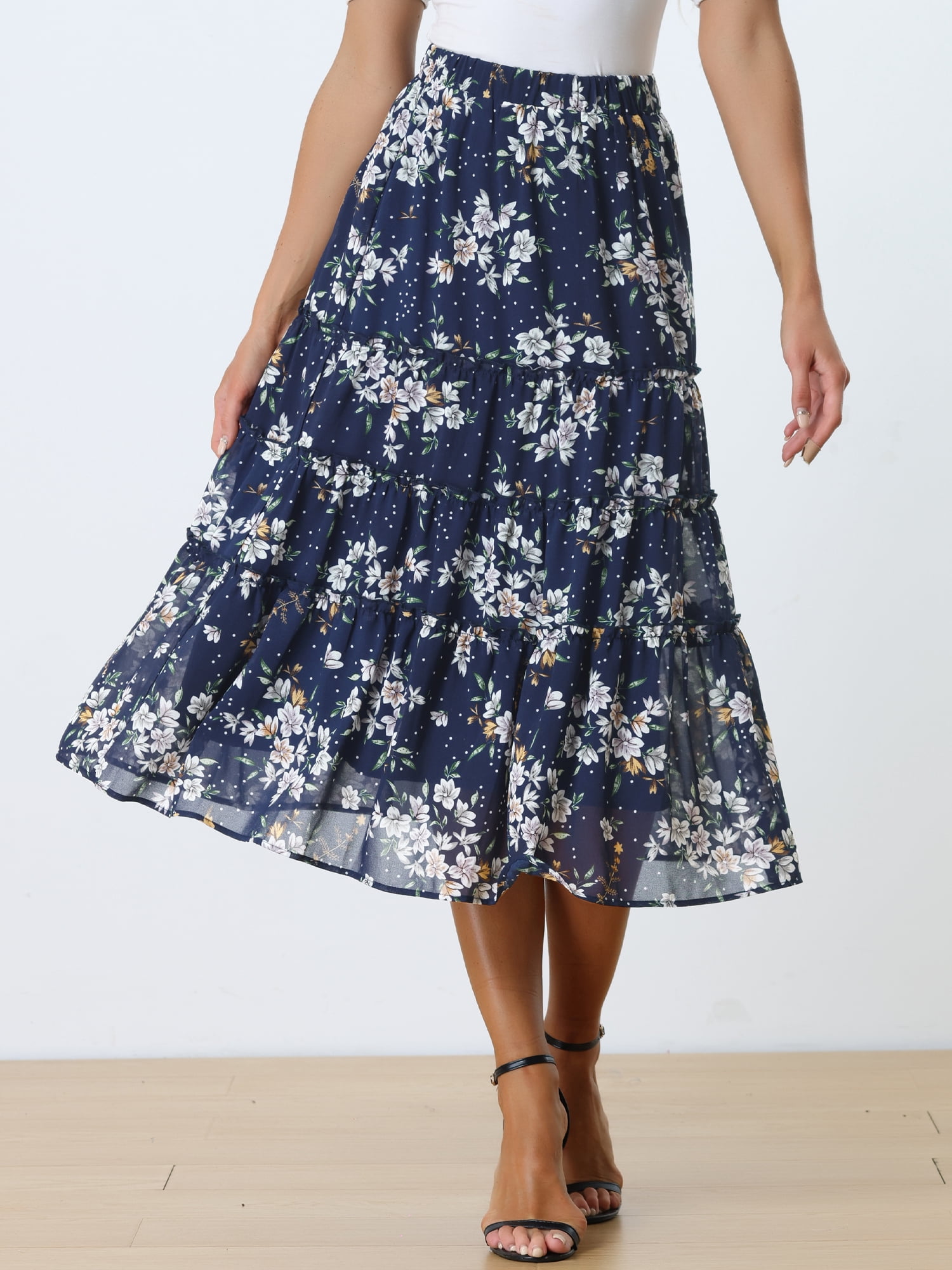DARING DIVA Women's Chiffon Tiered A-Line Maxi Skirt XL Blue White Flower