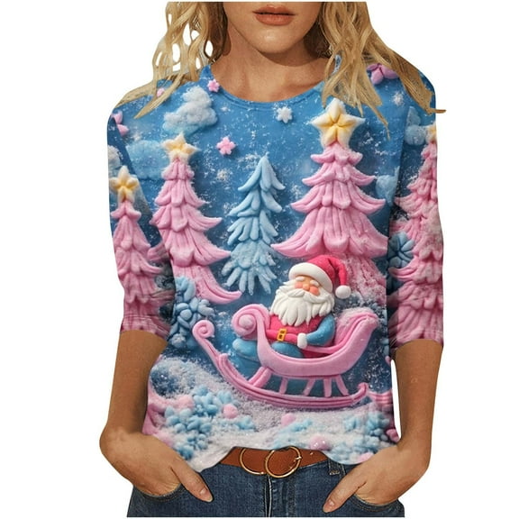 Womens Christmas Shirts Funny Christmas Tree Holiday Tees 3/4 Sleeve Round Neck Fall Tops Tshirts Fall Clothes My Items