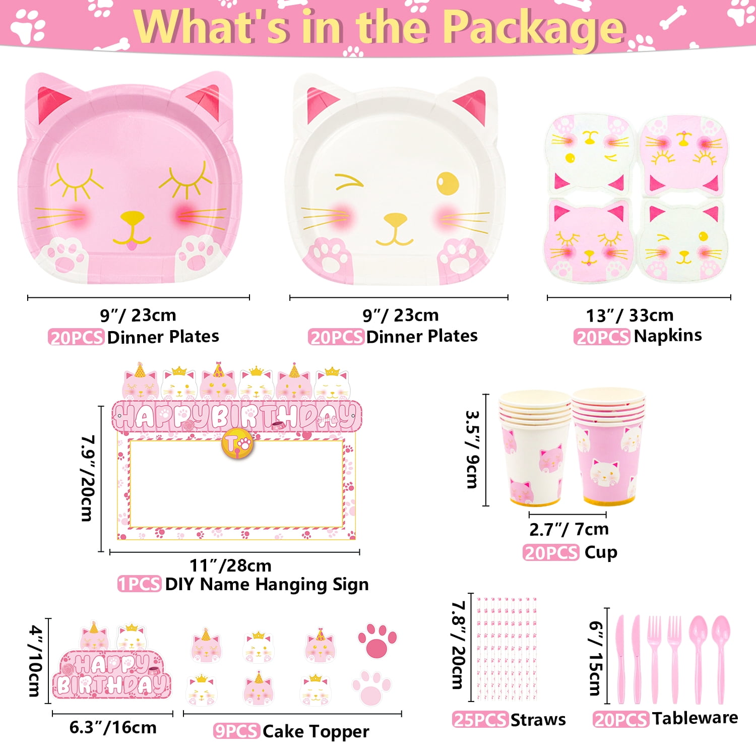 218 PCS Cat Birthday Party Supplies - Cat Balloons, Birthday Banner, MEOW Garland, DIY Hanging Sign, Cake Topper, Plates, Napkins, Cups and Tablecloth for Cat Birthday Decorations, Serve 20 Guests
