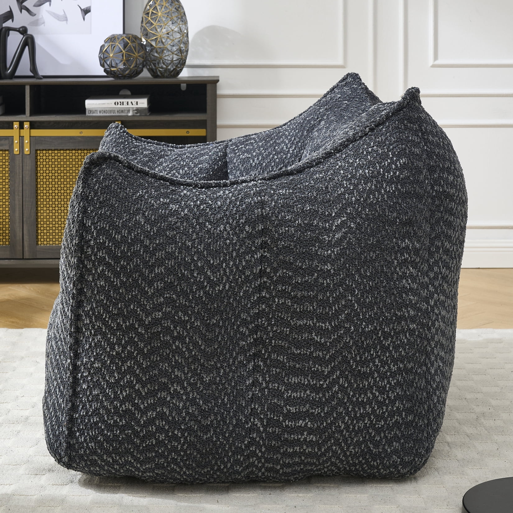Chenille Bean Bag Chair for Adults, Oversized Fluffy Sofa Chair with High-Density Foam Filler, Square Accent Lounge Chair for Living Room, Bedroom & TV Watching, Black