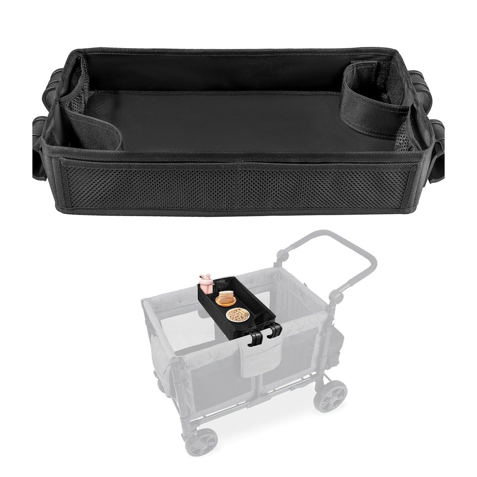 Upgraded Stroller Snack Tray with Extra Thick Base Leather Sides and Side Mesh Pockets for Enhanced Durability and Convenience