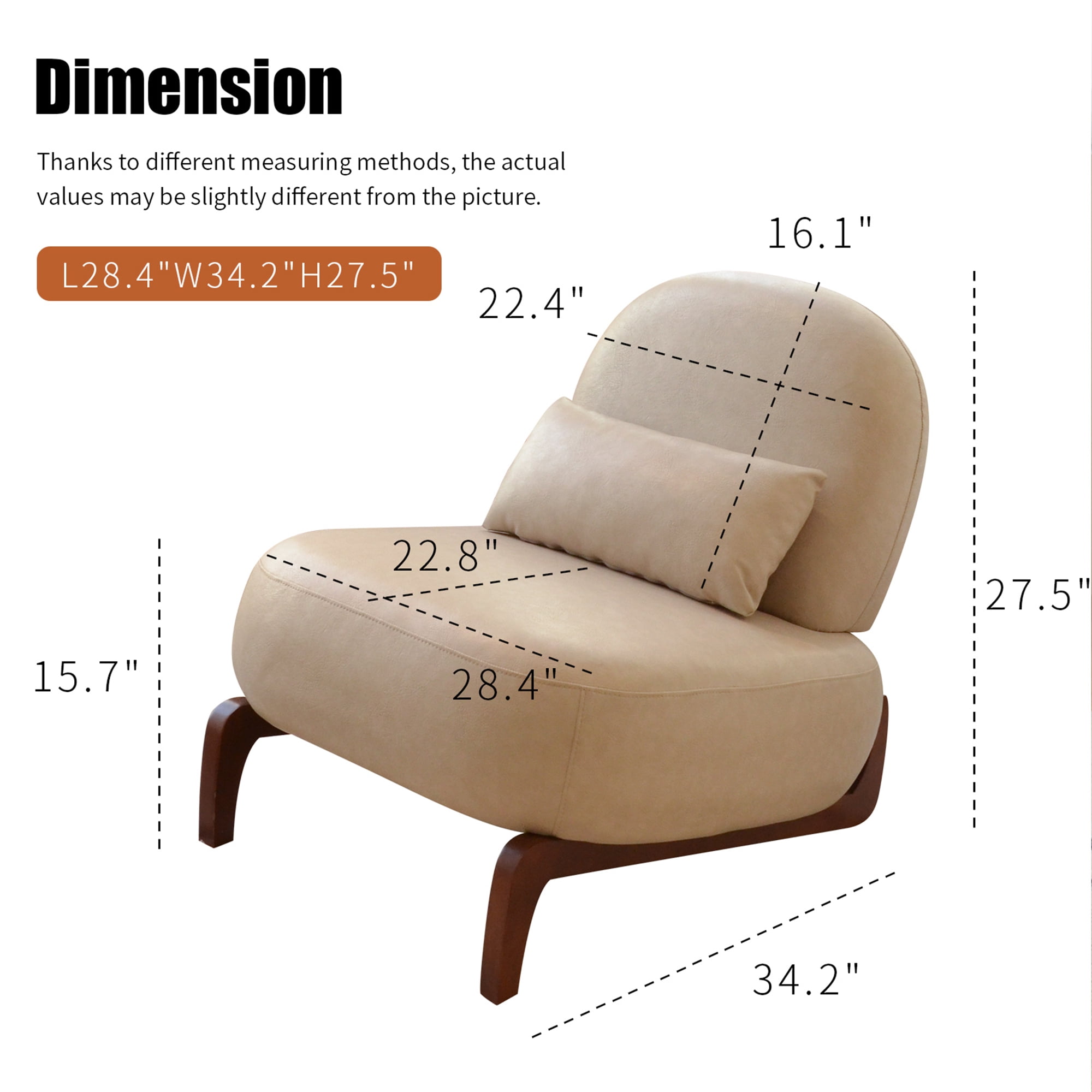 Aukfa Faux Leather Accent Chair with Solid Wood Legs, Armless Living Room Chair with Soft Cushion, Modern Reading Chair for Living Room & Bedroom,Cream