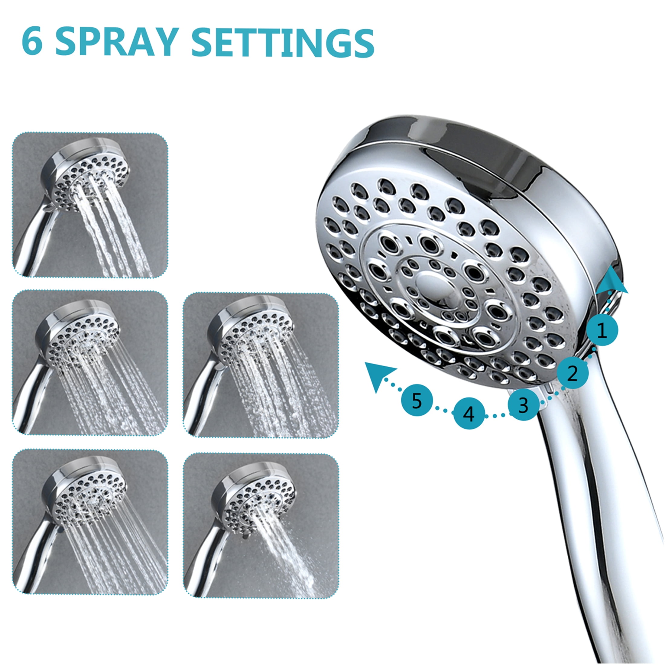 JERFIT 5-Spray High Pressure Handheld Shower Head with Hose, Wall Mount Chrome Showerhead for Powerful Rain Massage, Water Efficient, Easy Install