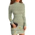 thumbnail image 2 of Women's High-Neck Casual Long Sleeve Floral Printed Slim-Fit Dress for Spring and Autumn Outings,Mint Green,2XL, 2 of 6