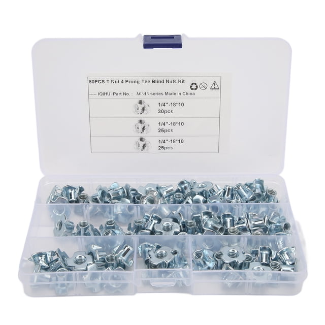 Kit de 80 tuercas en T de 4 puntas, tuercas ciegas de 1/4 de pulgada de acero al carbono, surtido de tuercas en T para equipos electrónicos de RV