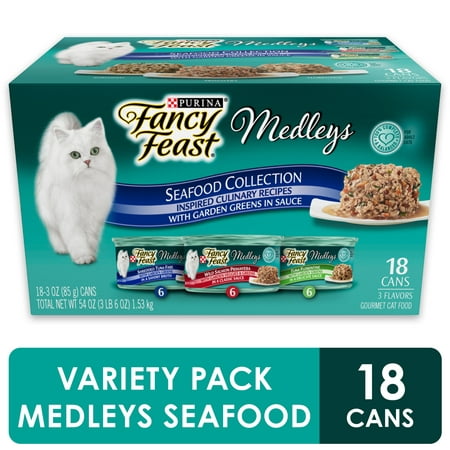 Fancy Feast Wet Cat Food Variety Pack, Medleys Seafood Collection With Garden Greens in Sauce - (18) 3 oz.