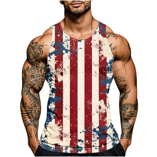 Mens Independencia Día de la Impresión Cuello Redondo Regular Casual Deportes Tanque Blusas