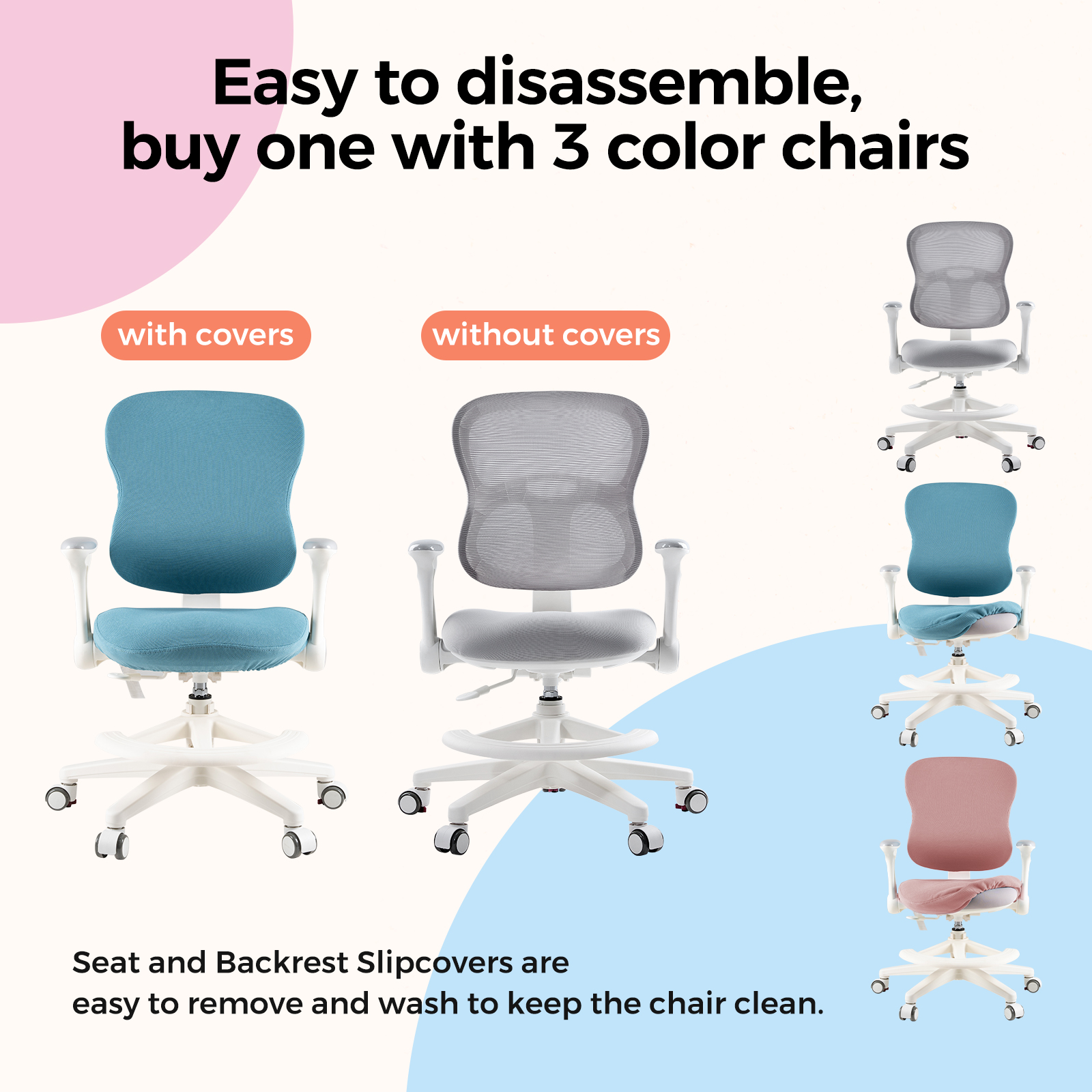 Kids Study Desk Chair, Ergonomic Adjustable Height Children's Study Chair, Swivel Mesh Desk Chair with Wheels, Home Office Chair for Children in Home Bedroom-Includes 2 Free Chair Covers