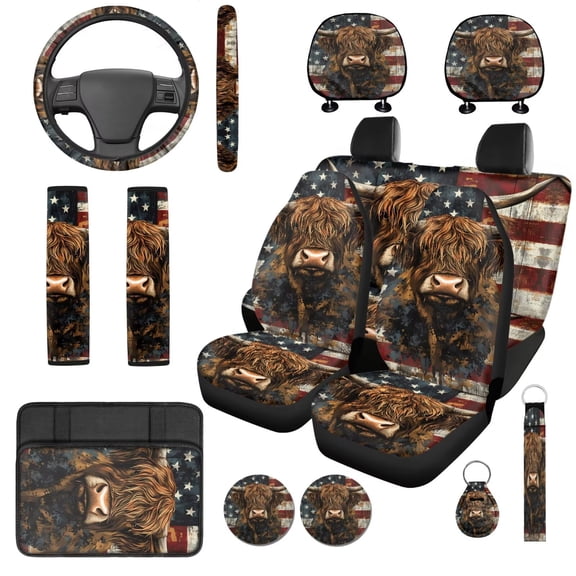Uorisanigo Highland Cow 14 Pcs Car Seat Covers Sets with Cars Headrest Cover and Steering Wheel Cover Seat Belt Pads Car Water Cup Coaster Keychain Decorative Personalized Fit Cars SUVs
