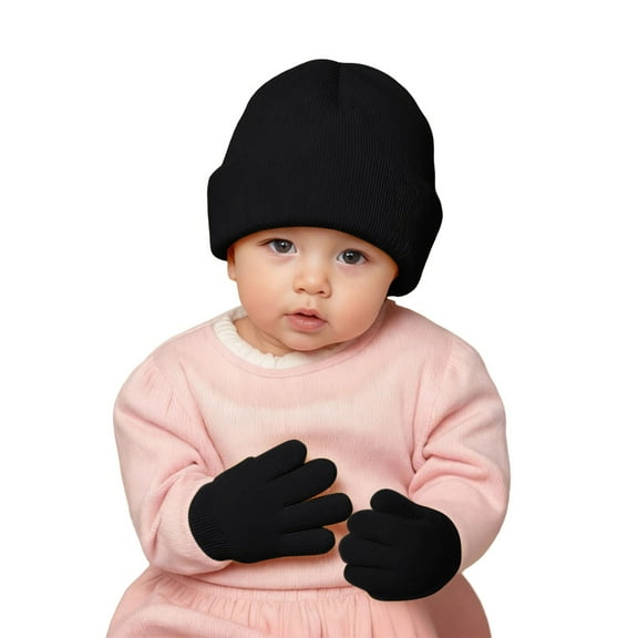 HNMKIU Kids Winter Gloves Soft Kids Winter Hat with Mittens for Boys Girls Baby Toddler Youth Cold Weather Lined Cap and Gloves Set for Ages 2 to 8 Years Black,2-8 Years