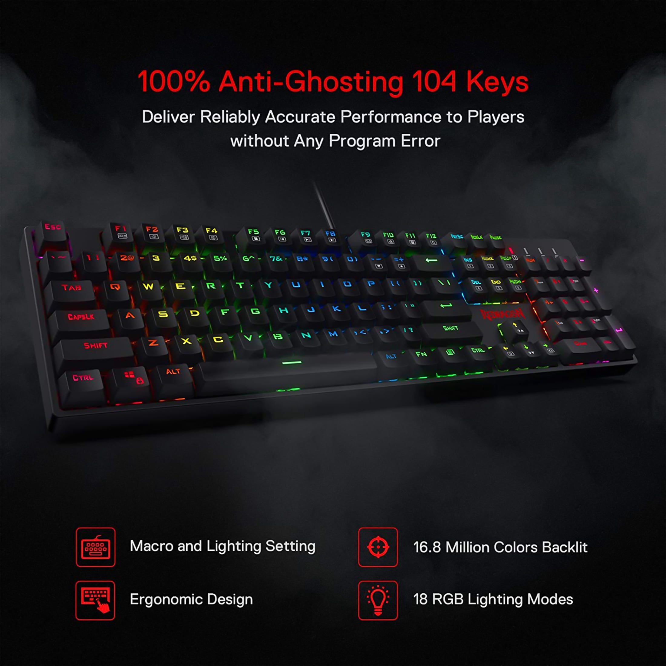 Redragon K582 Wired Gaming Keyboard with RGB LED Backlight, Black