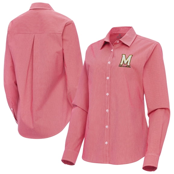 Women's Antigua Red Maryland Terrapins Porter Woven Tri-Blend Long Sleeve Button-Up Shirt