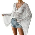 thumbnail image 4 of SWSMCLT Women's Long Sleeve Boho Shirt Crochet Knit Tropical Mexico Vacation Baggy Lace Up Cardigan Sweater Beach Crop Top Sheer Fringe Hawaii Beach Outfit White 12-14, 4 of 5